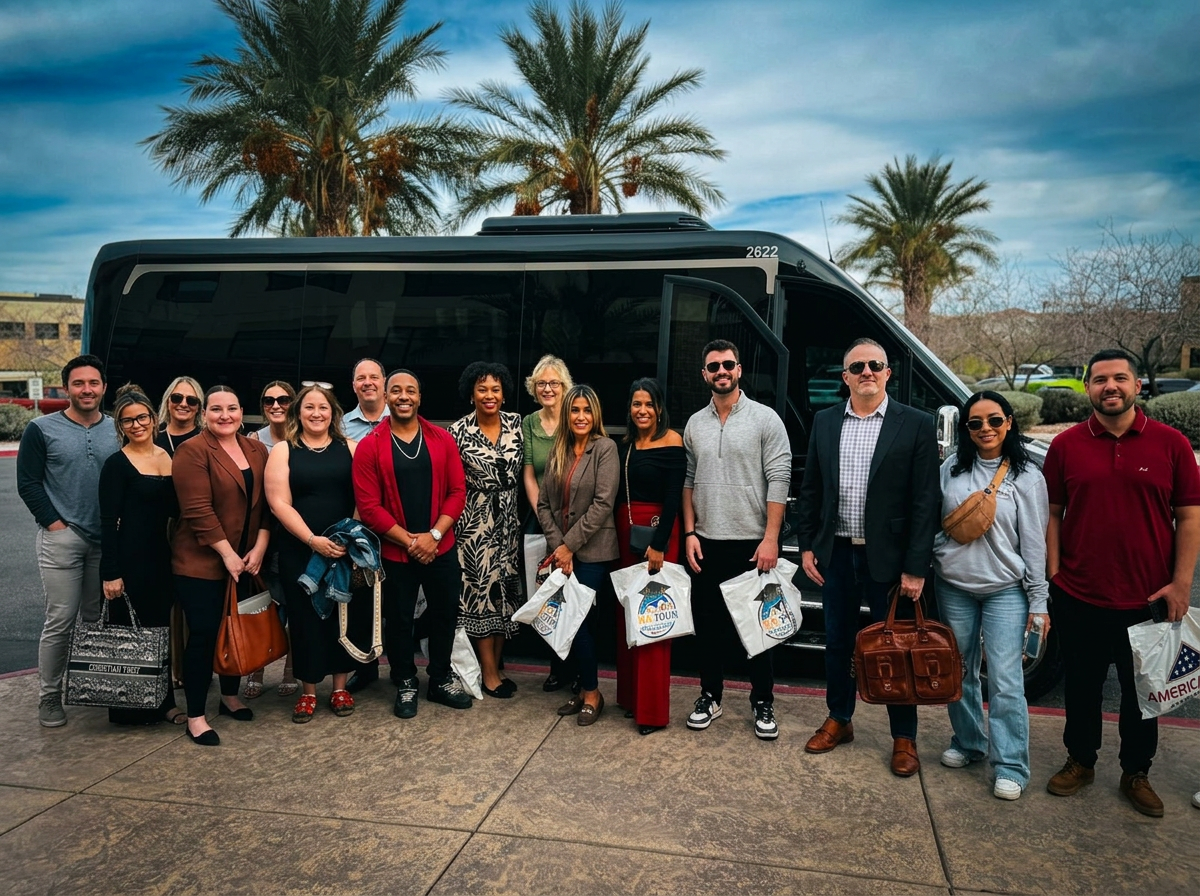 A real estate office team posing in front of the private luxury motorcoach before their exclusive Train + Tour day